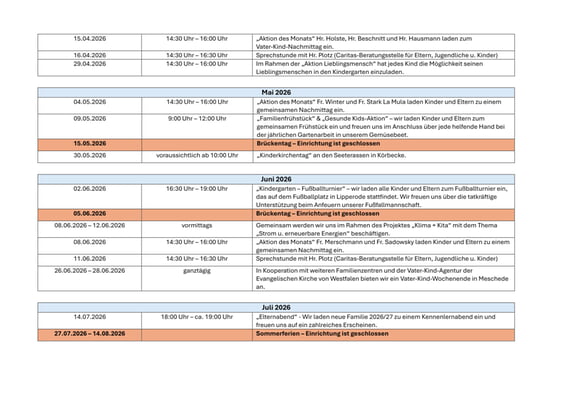 Termin&uuml;bersicht April - Juli 2026