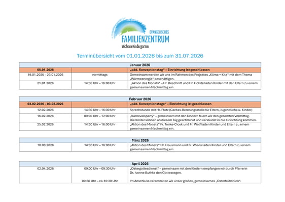 Termin&uuml;bersicht Januar bis April 2026
