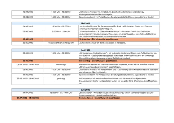 Terminübersicht April - Juli 2026